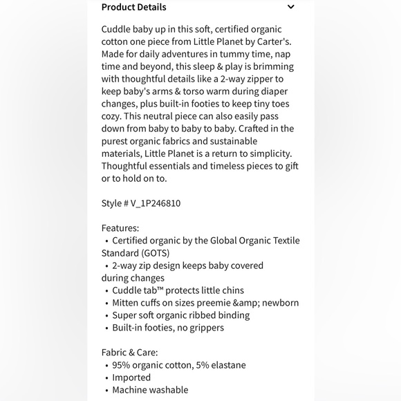 Little Planet by Carter’s- Baby Organic Cotton Rose Sleep & Play Pajamas, 6M - Picture 5 of 9